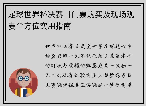 足球世界杯决赛日门票购买及现场观赛全方位实用指南